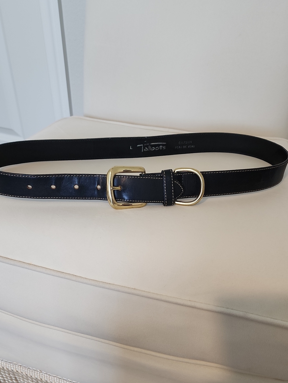 Talbots Black Leather with Topstitching Belt with Gold-Tone Buckle  Sz Large